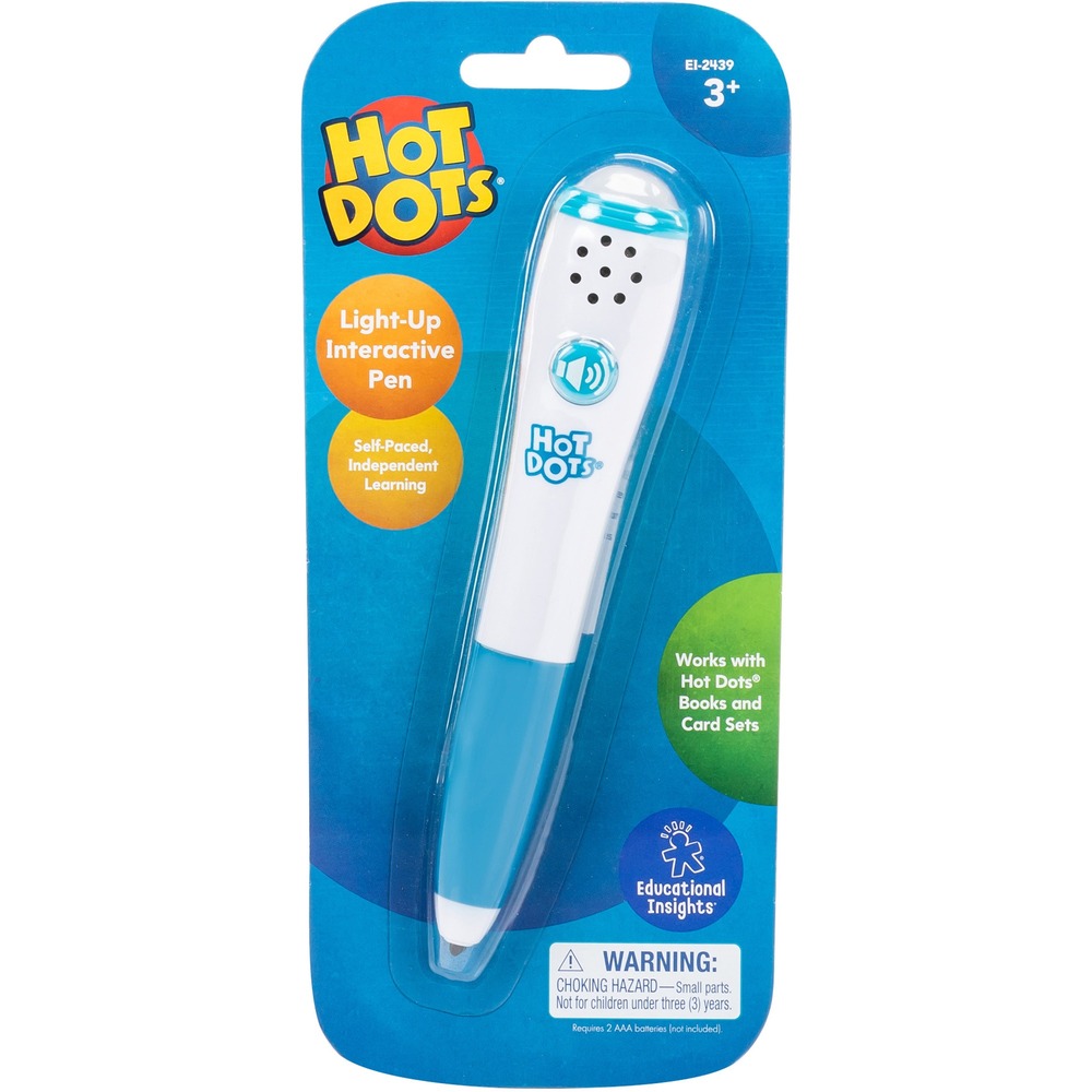 EII2439 - Children learn all on their own with the Hot Dots Light-Up Interactive Pen. Simply press the pen to any answer dot on one of dozens of Hot Dots and Hot Dots Jr. (not included) activities for instantaneous audio and visual feedback. Lights and sounds indicate right and wrong answers, enabling children to learn and practice critical learning skills independently. Children learn at their own pace at home, in school or on-the-go.
