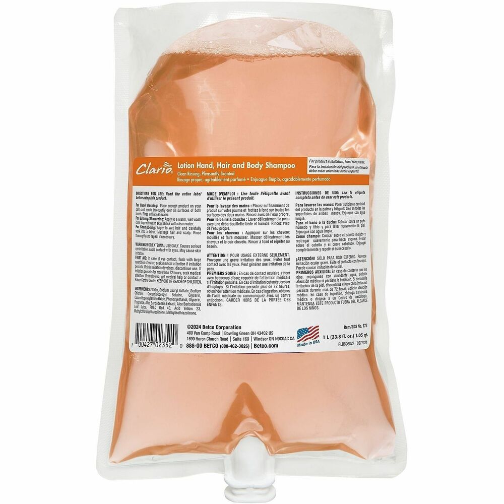 BET7732900 - Lotion Hair and Body Shampoo leaves skin feeling clean and refreshed and hair delicate, soft and conditioned. Nonlingering, fresh fragrance appeals to both male and female users. Gentle formula will not cause dryness or irritation. Sealed packaging keeps skin cleanser free of contaminants, and the design allows 99 percent product evacuation. Clean-rinsing shampoo fits Betco Clario Dispensers. It meets FDA and CDC requirements. Use in a variety of public facilities including schools, daycare, health spas, locker rooms, hotels and resorts.