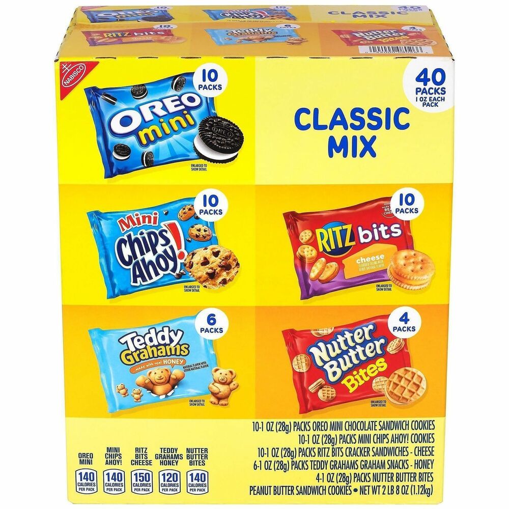 GRR22000086 - Nabisco Classic Mix box lets you crunch your way through five delicious flavors of cookies and crackers. Sweet-and-salty variety pack provides individual servings of your favorites: Oreo Minis, Ritz Bits, Mini Chips Ahoy, Nutter Butter Bites and Teddy Grahams. Enjoy a quick snack at home or pack single-serve bags in lunches, purses and more for tasty, on-the-go snacking.   