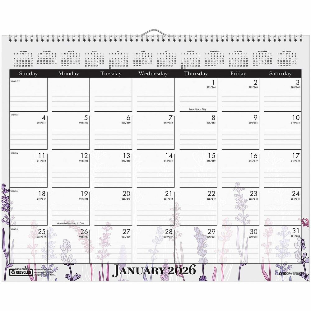 HOD3469 - Brighten up your desk with a different wild flower design each monthJanuary - December featuring 12 months for easy planningEach month has a different soft wild flower themeFull 12-month calendar for longer term planningJulian dates and days remaining for quick referenceStrong wire binding firmly keeps the pages together in one placeIncludes a wire hanger to easily hang the calendar on the wallPrinted on 100% post-consumer recycled paper with soy inksMade in the USA
