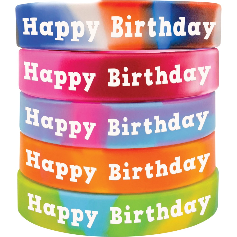 TCR6565 - Celebrate student birthdays with these fun Happy Birthday Wristbands. Wearing wristbands build awareness and helps students feel special on their birthday. Your students can choose between five different colors (two of each color). Latex-free, silicone wristbands are tested and compliant with all Consumer Product Safety Commission standards.