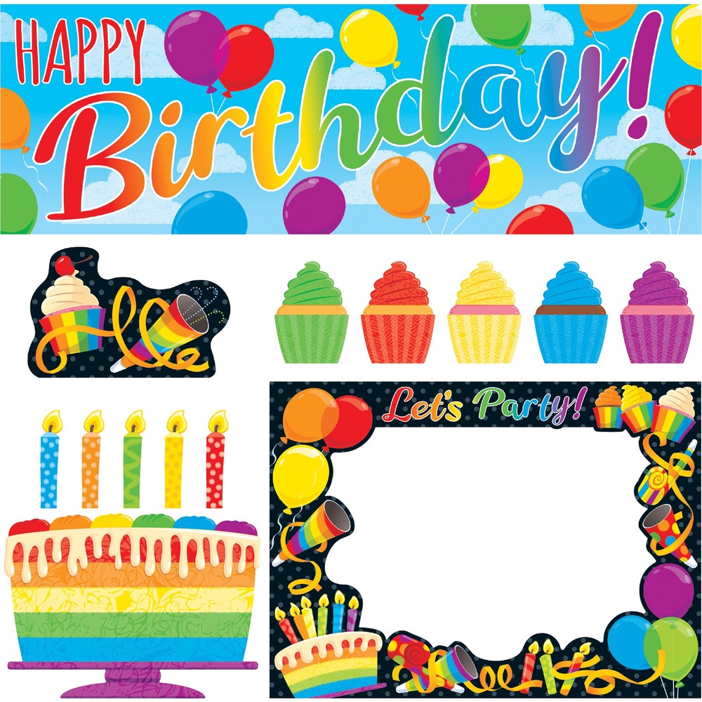 TEPT19002 - Celebrate birthdays in school or at home with Rainbow Birthday Wipe-Off Learning Set. Easily create year-round bulletin boards or hang up as a special decoration on party days. Mix-and-match, birthday-themed decorations are great for classrooms, homes, offices and more. Dry-erase pieces are easy to personalize. Custom cupcakes, signs and messages create a special birthday.