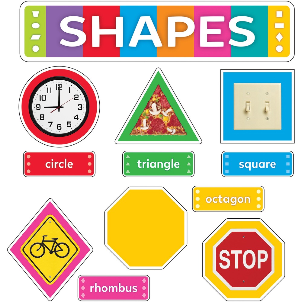 TEPT19004 - Shapes All Around Us Learning Set easily creates home or classroom displays to reinforce shape lessons. Photo-real pieces are an exciting way to guide children in discovering shapes all around them. Set features nine shapes with photo-real objects and labels to help students recognize shapes in the real world. Separate pieces are perfect for large or small rooms. Display header measures 16" x 3-1/2".