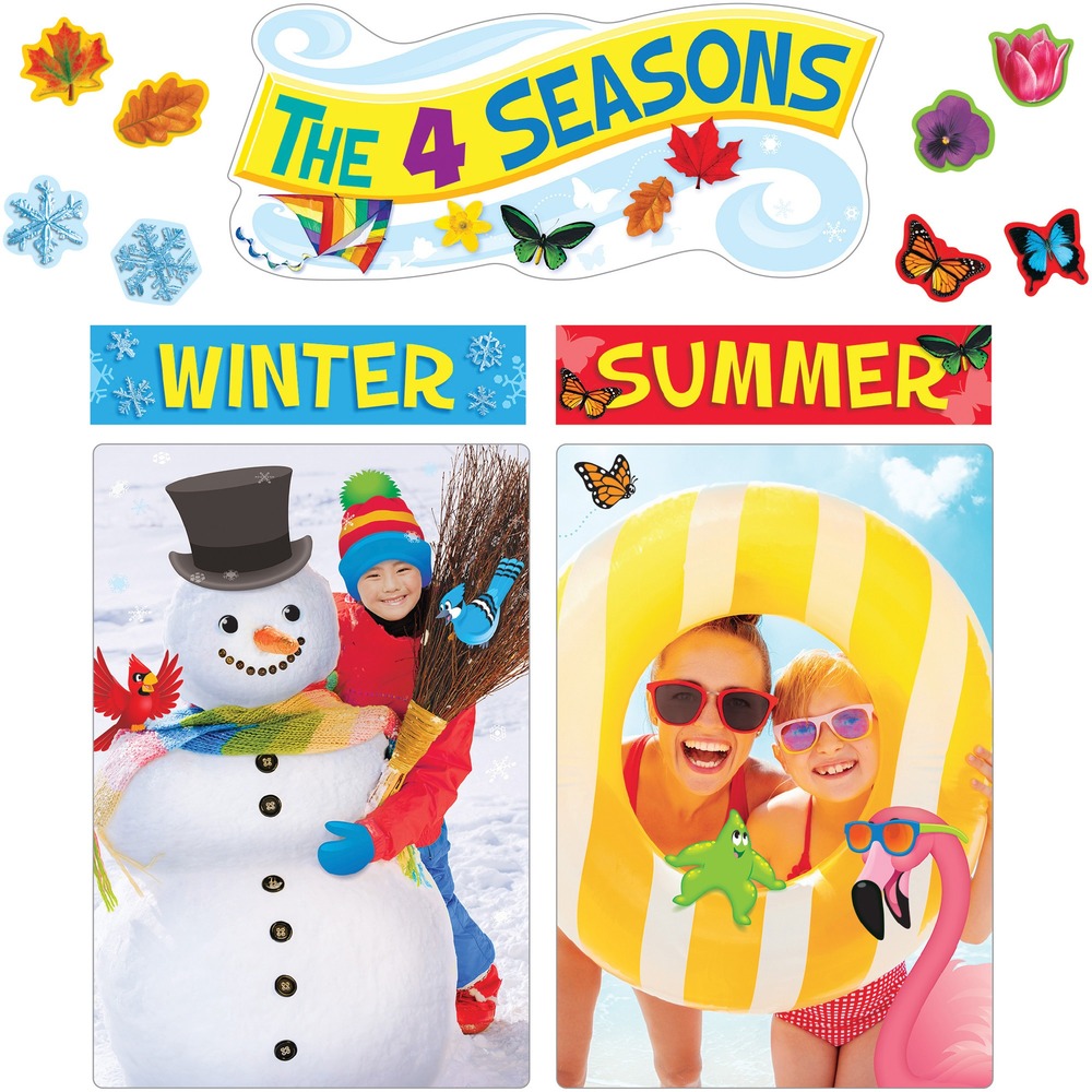 TEPT19009 - Reinforce lessons about the seasons, weather and more with this 4 Seasons Learning Set. Engaging, educational posters are perfect for classrooms, homes and more. Versatile pieces decorate walls to inspire hands-on learning activities. Arrange and display pieces in many configurations to fit any space or learning objective. Posters feature seasonal activities and scenes to help children relate what they learn to real life. Animated additions are fun for children to spot and spark imaginative thinking and storytelling. Set includes display header, four-season tree poster, four seasons' posters, season labels, four arrows and 20 accent pieces.