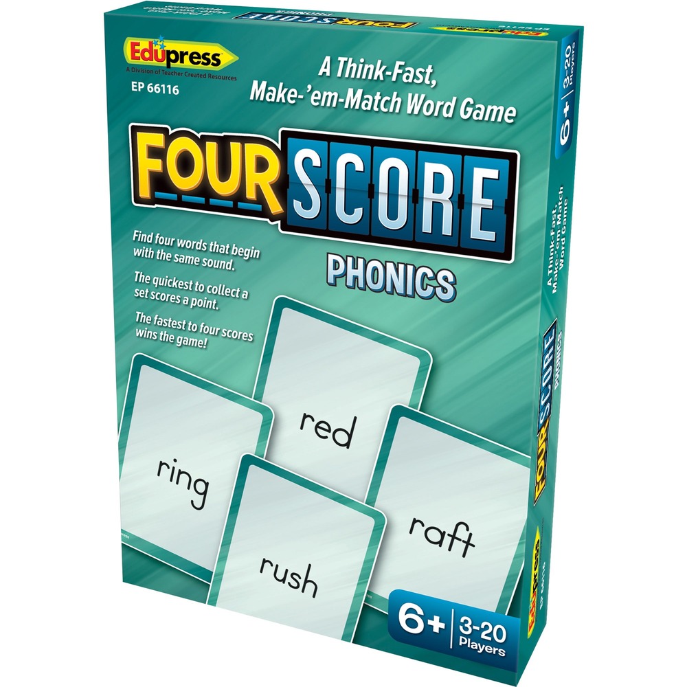 TCREP66116 - Four Score Phonics Card Game is a fun, fast-paced matching game that challenges young learners. Players are dealt four cards and try to collect words that start with the same sound to win. First player to collect four parts wins one point. Win four total points to win the entire game. Box includes eight playing cards and an instruction sheet. Game is perfect for small groups of three to large groups of 20 players.