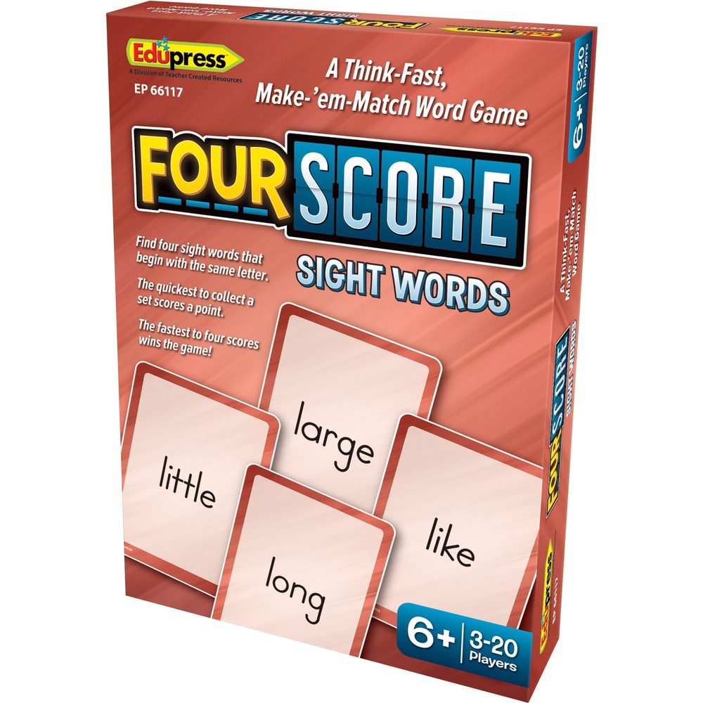 TCREP66117 - Four Score Sight Words Card Game is a fun, fast-paced matching game that challenges young learners. Players are dealt four cards and try to collect sight words that begin with the same letter to win. First player to collect four parts wins one point. Win four total points to win the entire game. Box includes eight playing cards and an instruction sheet. Game is perfect for small groups of three to large groups of 20 players.