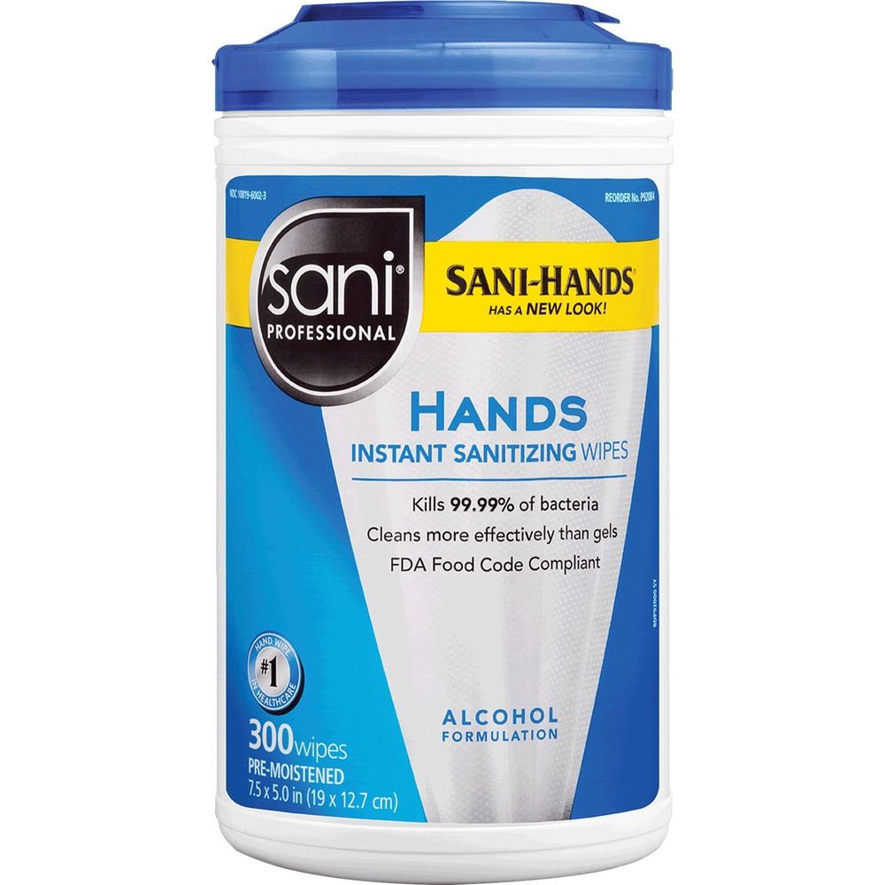 PDIP92084 - Sani Professional Hand Sanitizing Wipes are effective against 99.99 percent of germs on hands in 15 seconds. They kill many of the most common foodborne pathogens and bacteria including E. coli, Listeria and Salmonella. NSF certified, FDA food code-compliant wipes are approved and recommended for use before handling, preparing or eating food. They are ideal when soap and water are not available. Hand-sanitizing formula is gentle on hands and contains moisturizing, healing natural aloe and Vitamin E. Wipes come in a portable canister.