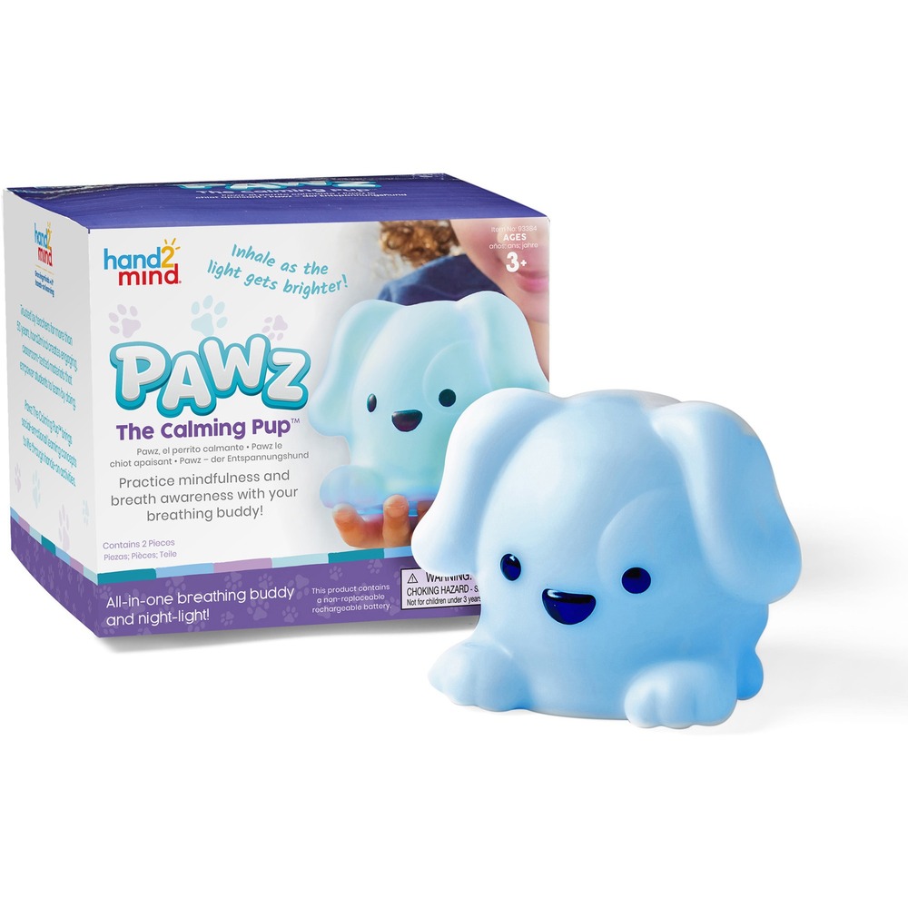 LRN93384 - Pawz the Calming Pup is a beloved, calming companion that guides children through deep breathing with an auto-adjusting light. Children follow the lighted prompts by inhaling when the light gets brighter and exhaling when the light fades. Engaging activity encourages children to be fully aware of their thoughts and feelings. Set night light (included) with timer to 5, 15 or 30 minutes.