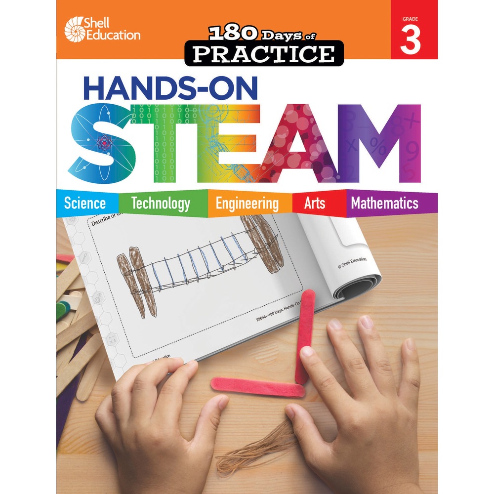 SHL29646 - 180 Days of Hands-On STEAM Practice Workbook incorporates hands-on lab activities that integrate STEAM concepts. Resource provides weekly STEAM activities that improve students' critical-thinking skills. Each week introduces a new STEAM problem, need or phenomena addressed through a guided, step-by-step challenge. It includes standards-based activities, easy-to-follow instructions and an answer key. Workbook supports at-home learning, whole-class instruction or small group learning for a quick, easy experience. Workbook includes digital materials and is aligned with Next Generation Science Standards (NGSS) and state standards.