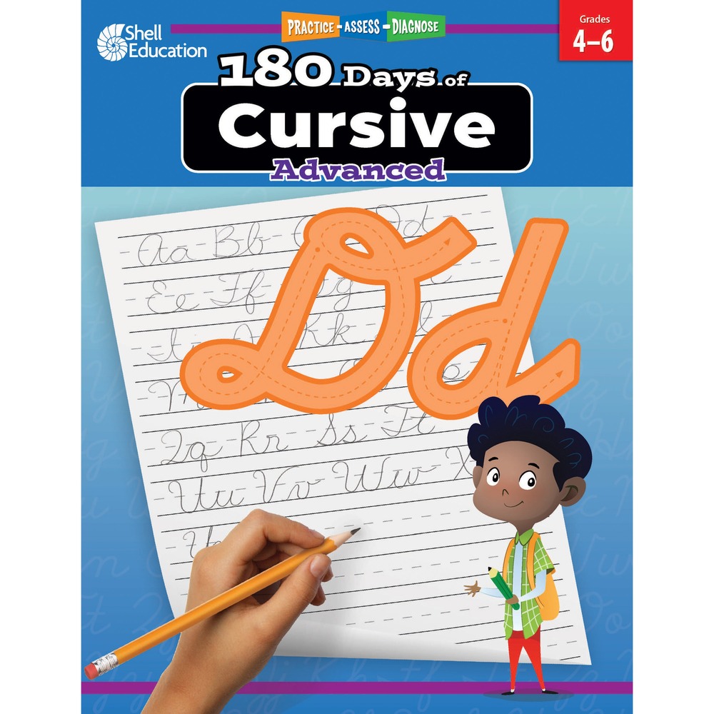 SHL130196 - 180 Days of Cursive Writing Workbook develops students' cursive skills with fun, daily practice activities. Research-based book provides quick and effective writing activities for fourth to sixth-grade students. Activities are a perfect tool to reinforce learning, prevent learning loss and develop basic, cursive handwriting skills. Advanced book includes 180 easy-to-use, daily practice pages to extend learning past beginning skills with exciting and meaningful practice. Teachers and parents are able to assess progress and identify areas for growth. Book is ideal for both homeschool or classrooms.