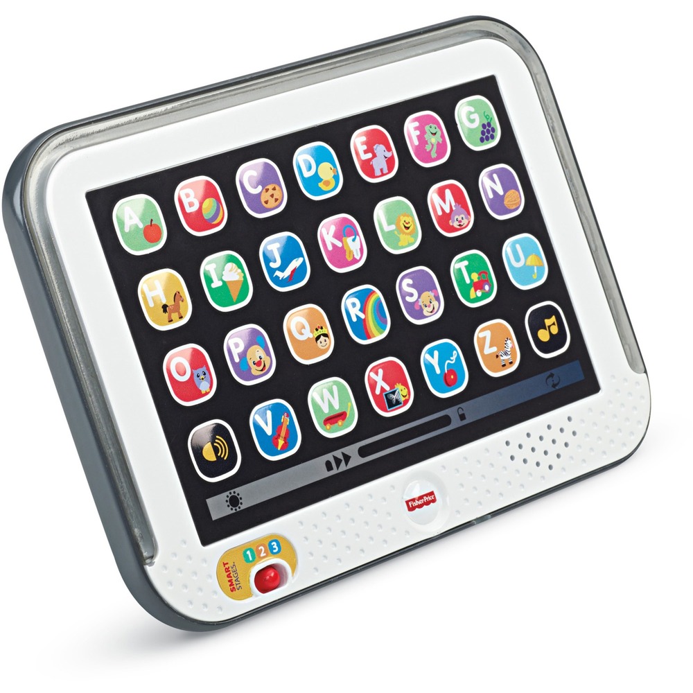 FIPHFY90 - Laugh and Learn Smart Stages Tablet is a pretend tablet just for your baby. Electronic learning toy has 28 app buttons for babies to press and activate multicolor lights, songs, sounds and phrases. Tablet teaches your baby about letters, first words, animals and more. Smart Stages technology lets you select the stage that's best for your child. Each of the three levels features a variety of developmentally appropriate songs, phrases and sounds.