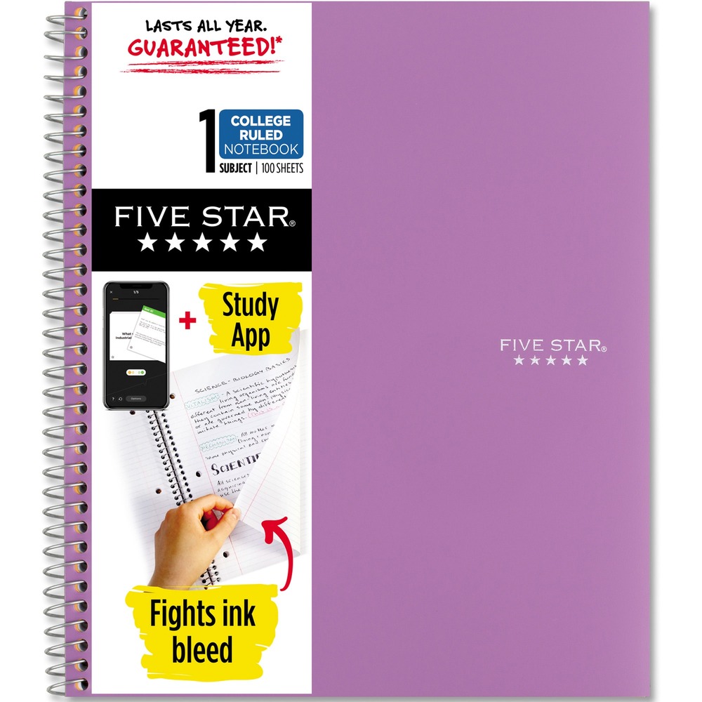 MEA820002CF1 - Wirebound Notebook meets all your note-taking and homework needs. Scan, study and organize your notes with the Five Star App. Create instant flash cards and sync your notes to Google Drive to access them anywhere from any device. One-subject notebook features 100 double-sided, college-ruled sheets that fight ink bleed. Sheets are perforated for easy tear-out and measure 8-1/2" x 11". Tough pockets help prevent tears and hold loose sheets and handouts. Water-resistant covers protect your notes for long-lasting use. Spiral lock wire helps prevent snags on clothes or backpacks. Notebook is made with SFI certified paper and is recyclable after you remove the reinforcement tape on the pocket.