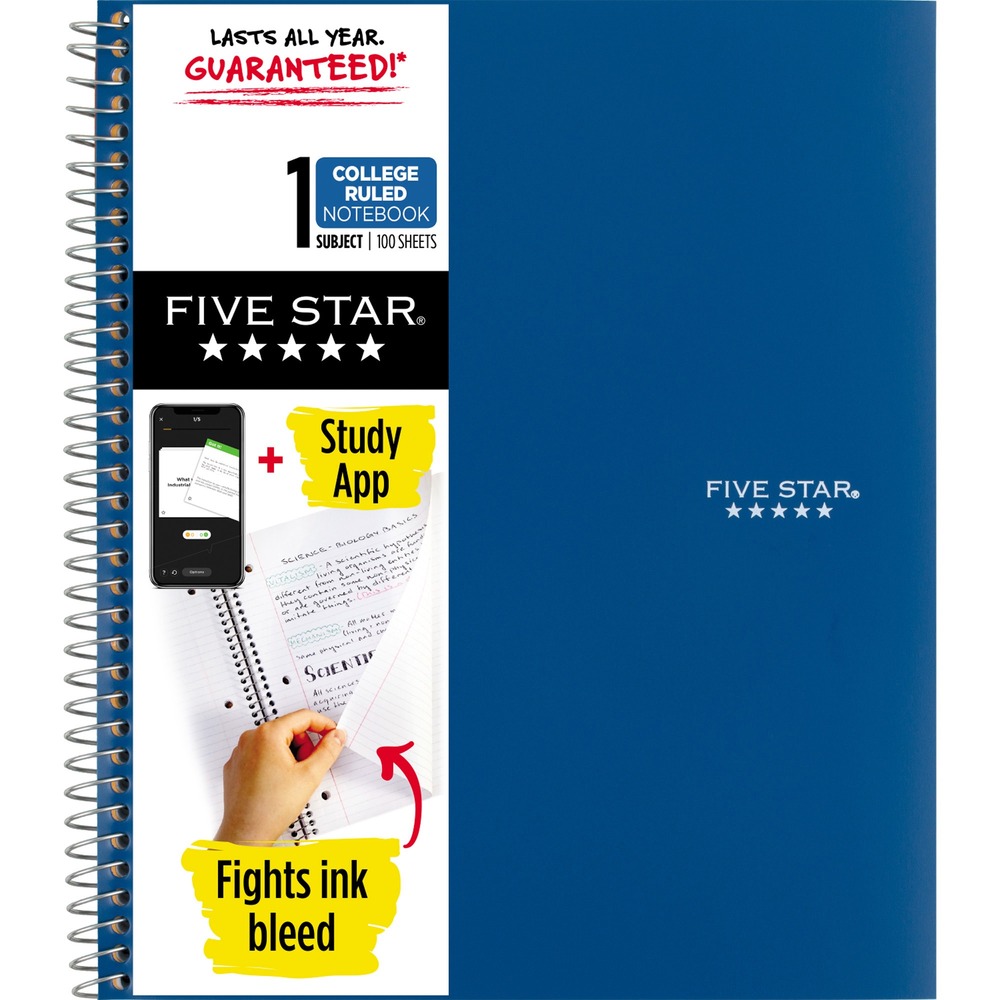 MEA820002NH0 - Wirebound Notebook meets all your note-taking and homework needs. Scan, study and organize your notes with the Five Star App. Create instant flash cards and sync your notes to Google Drive to access them anywhere from any device. One-subject notebook features 100 double-sided, college-ruled sheets that fight ink bleed. Sheets are perforated for easy tear-out and measure 8-1/2" x 11". Tough pockets help prevent tears and hold loose sheets and handouts. Water-resistant covers protect your notes for long-lasting use. Spiral lock wire helps prevent snags on clothes or backpacks. Notebook is made with SFI certified paper and is recyclable after you remove the reinforcement tape on the pocket.