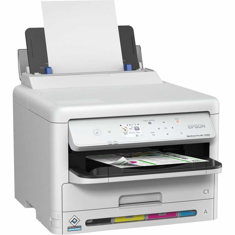 EPSC11CK25201 - Powered by revolutionary PrecisionCore Heat-Free technology, this WorkForce Pro WF-C5390 Color Multifunction Printer features the next generation of inkjet printing technology. Printer lowers power consumption yet delivers powerful productivity with a monthly page volume of 5,000 pages. Printer features print speeds up to 25 ppm (black/color); maximum resolution of 4800 x 1200 dpi; automatic, two-sided printing; and fast first-page-out with virtually no warmup time. Innovative, replaceable ink pack system helps minimize replacement frequency by printing up to 5,000 pages. DURABrite Ultra Ink achieves razor-sharp text and brilliant colors. 250-sheet input tray and 80-sheet rear input tray can combine with three optional paper trays (not included) for a total 1,830-sheet capacity. Easily navigate options with the 2.4" color LCD. Connect using wireless or Wi-Fi Direct to easily manage. More from the Manufacturer