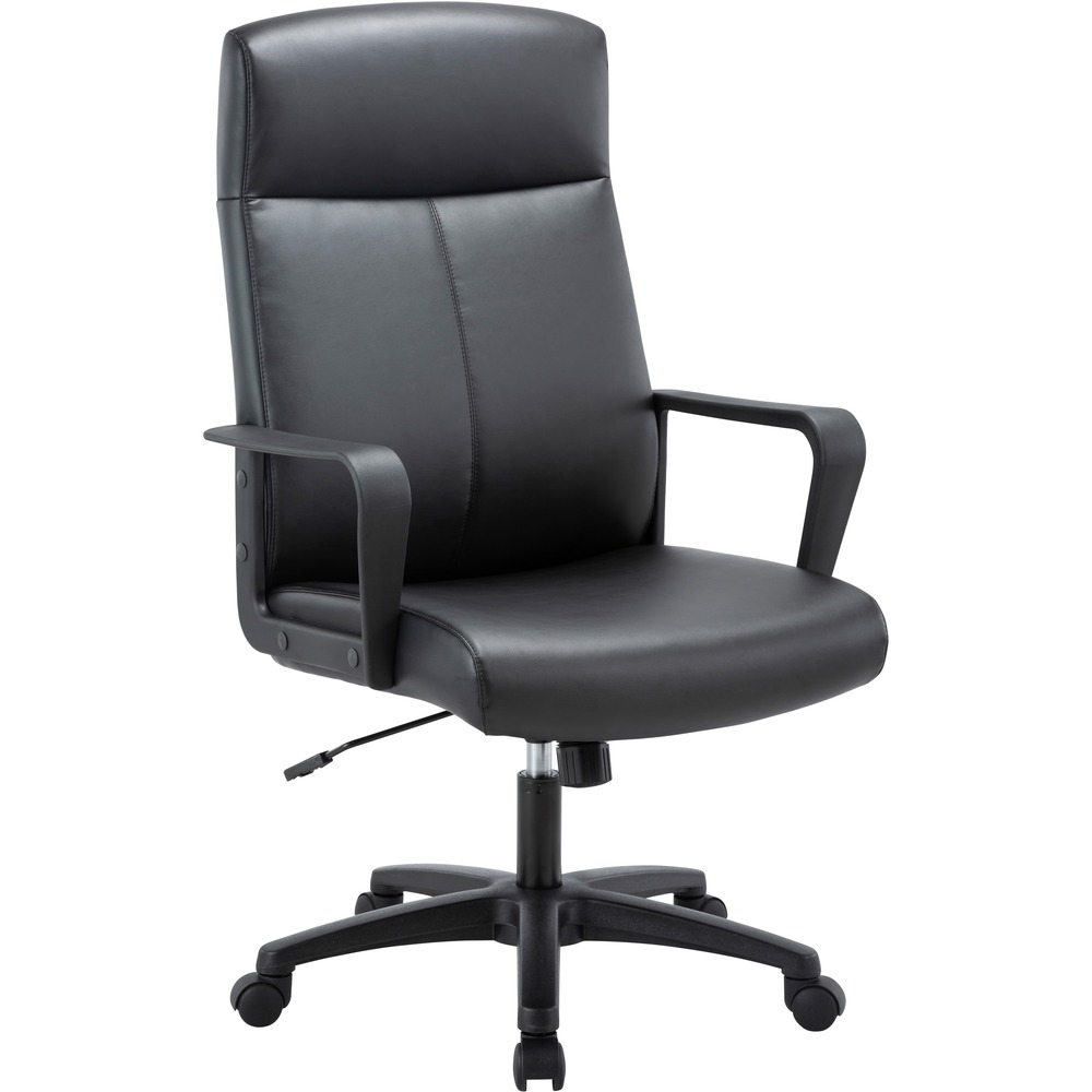 LLR41851 - High-Back Bonded Leather Chair features durable, bonded leather upholstery on both the seat and back as well as a commanding style perfect for the executive. Loop, polypropylene arms are fixed for reliable support. Simple function controls include one lever for tilt lock and seat-height adjustment and a knob for tilt tension adjustment. The 360-degree swivel cylinder and the dual-wheeled casters on the nylon base let you control motion with your own movement. Weight capacity is 275 lb.