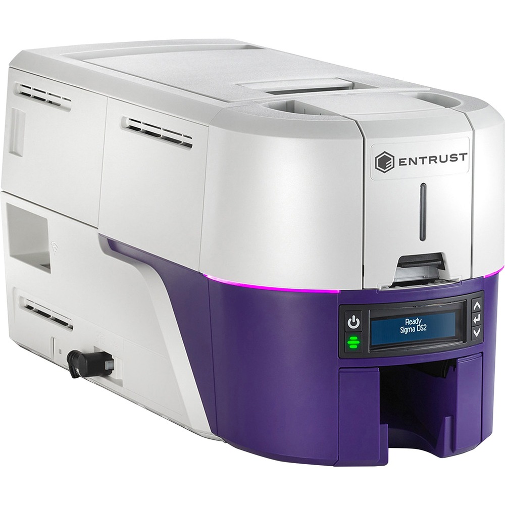 SRX525301005 - Print professional ID cards using the Sigma DS2 Duplex ID Card Printer. Make up to 225 single-side cards in color per hour for fast, efficient printing. Create up to 140 double-sided cards per hour using duplex printing. Print sharp images and bold letters with 300 dpi resolution. Preloaded ribbon cassettes make switching ribbons easy. Intuitive dashboard connects to your mobile device to see printer status, order supplies, check cleaning status, update firmware or connect help. Luster printing and other security features protect cards from tampering or counterfeiting. Security protects system from malware or viruses during booting. Connection and data sent between software and printer is encrypted. Data is not stored in printer after printing is complete for protection. Variable, LED ring can incorporate brand colors for a unique look. Printer is compatible with your Mac or PC using a USB or Ethernet connection.