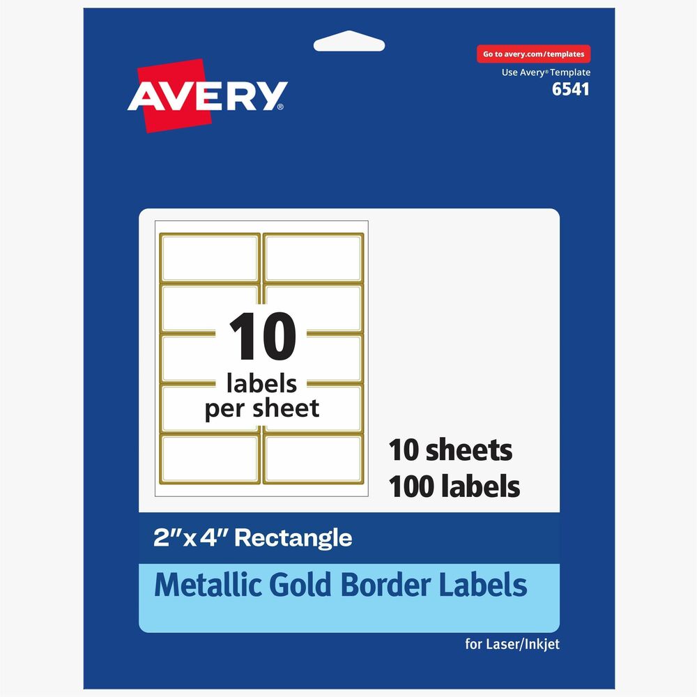 AVE6541 - Remarkably reflective and elegant, these Permanent Address Labels with metallic gold borders bring a strikingly radiant shine to any event or project. They are pre-printed with a brilliant, gold foil-like border to capture people's attention. Pair these labels with other Avery labels and cards with metallic gold borders for the complete look. Avery Easy Peel technology makes it simple to easily peel and apply the labels. Just bend back the label sheet to expose the pop up edges and peel away each label without risking ripping or tearing. With a strong, permanent adhesive, every label can stick and stay to a variety of surfaces including cardboard, envelopes, paper, glass, metal and more. Make your own address labels, wedding RSVP labels, party favor labels, product labels, food labels, holiday cards and more using the free, online design software and templates. Each sheet includes 10 labels (4" x 2"). They are compatible with both laser and inkjet printers.