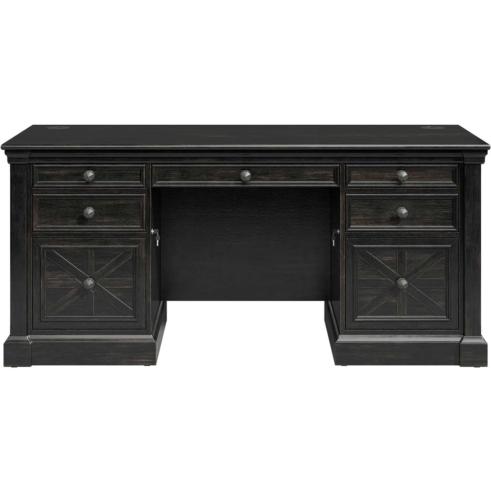 MRTIMKN680 - Kingston Double Pedestal Desk is finished on all sides and detailed with crisscross designs for a stylish, eye-drawing piece. Desk features five utility drawers, two locking letter-size/legal-size file drawers and two grommets to keep your office essentials organized and your desk clutter-free. Kingston Office Collection emanates an air of sophistication with an old English style. Dark chocolate, rub-through finish is softly worn to enhance the wood for a naturally aged look. Durable wood with antique-like style is the perfect addition to any office space for a professional, unique touch.