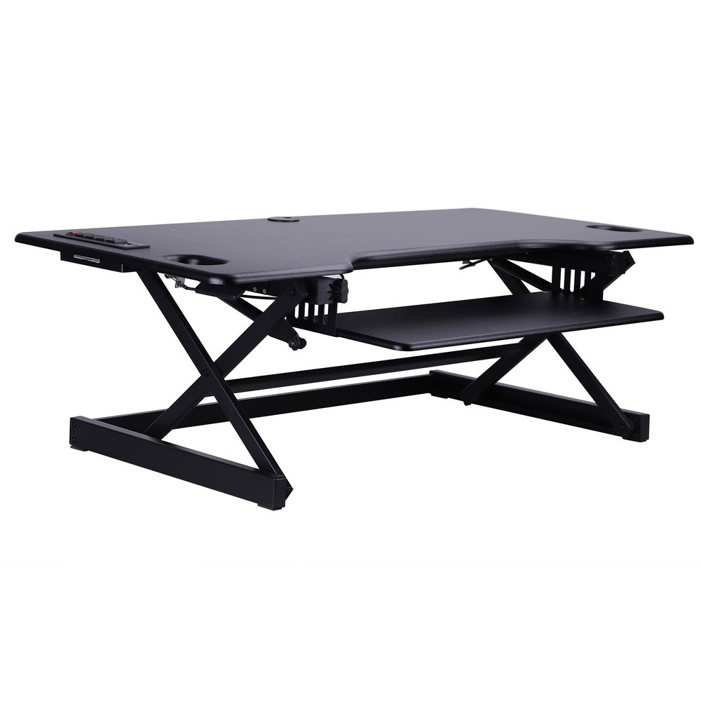 RCLRDADRB46A - Sit/Stand Desk Riser optimizes the ergonomic work position for people of all heights with its Enhanced Vertical Range (EVR) that rises up to 20" and lowers down to 5". Straight, up-and-down motion minimizes required depth. Extra-wide, 46" top holds up to 45 lb. and can accommodate three monitors, a laptop and more to maximize your work experience. Ergonomic, retractable keyboard tray also stores your laptop if needed. Power your devices right on the desk using the four AC outlets and two USB ports. Grommet hole allows you to route cables or add an optional desk mount. Monitor arms are not included. Desk riser works with optional Rocelco Deluxe Floor Stands (not included) to create a complete sit/stand desk.
