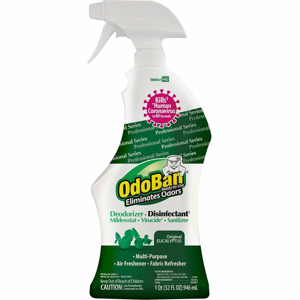 ODO910062Q12 - Ready-to-use Deodorizer Disinfectant Spray features a triple-action formula to quickly eliminate odors while disinfecting and cleaning all precleaned hard, nonporous surfaces. Multipurpose design is also effective in removing unpleasant odors from washable surfaces. Industrial-strength ingredients kill 99.99 percent of germs without leaving behind any residue. Disinfecting deodorizer is perfect for cleaning walls, tables, floors, chairs, countertops, bathroom fixtures, sinks, shelves, carpets and more.