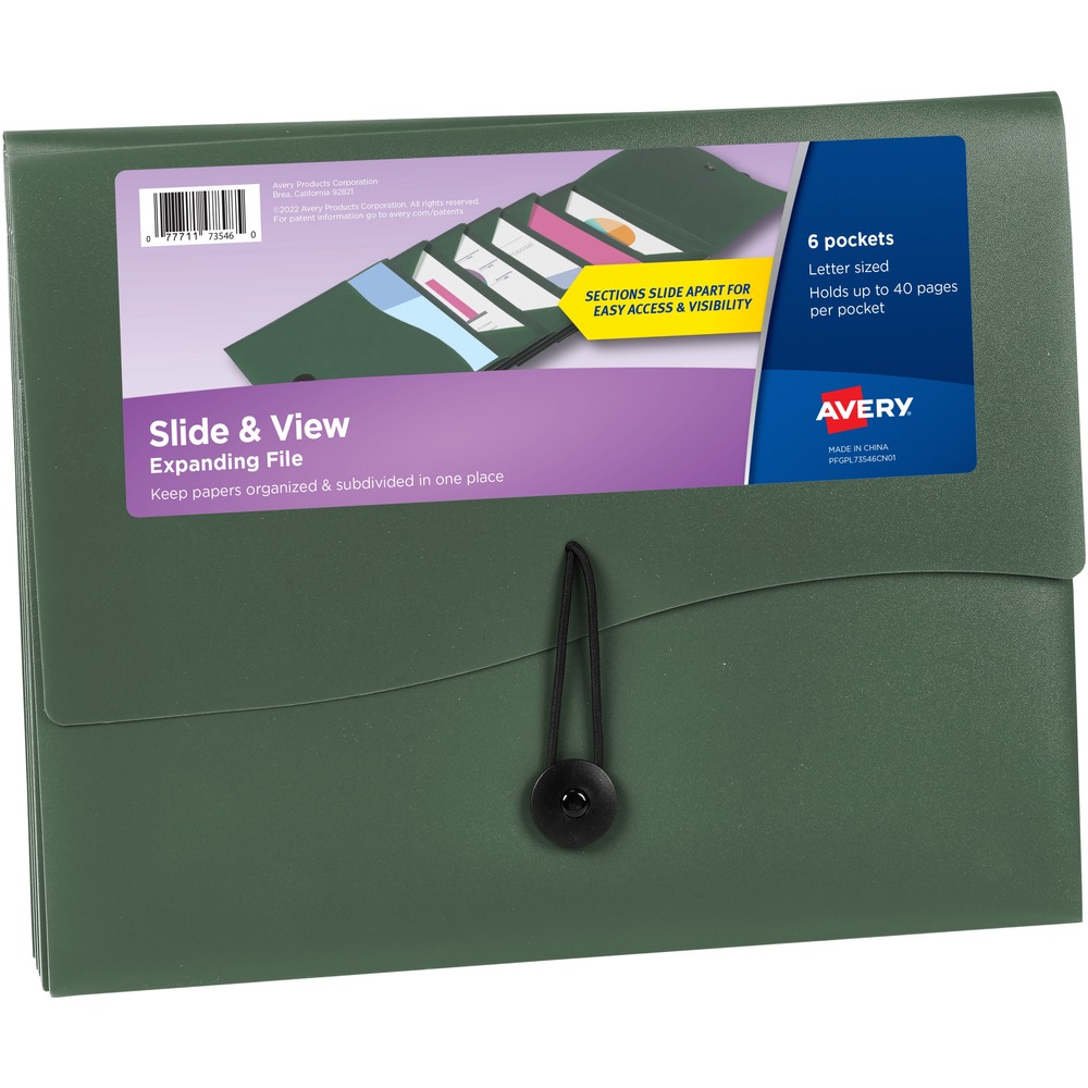 AVE73546 - Easily identify and organize your schoolwork and important documents with the Slide and View 6-Pocket Expanding File Folder. This innovative file folder with pockets makes it simple to organize all of your documents and subdivide them into six different categories. Slide and View design allows each section of the file folder organizer to slide apart easily for quick access and visibility of the contents within. Each section can hold up to 40 sheets of letter-size pages. File folder is perfect for keeping class assignments, work documents, reports, manuals, travel documents or other thicker bundles of paperwork together in the same pocket. To save space, the file easily collapses, and an elastic closure keeps documents secure when you're on-the-go. Made from durable plastic to hold up to frequent, everyday use, this poly file folder is perfect for storing all of your important documents. More from the Manufacturer