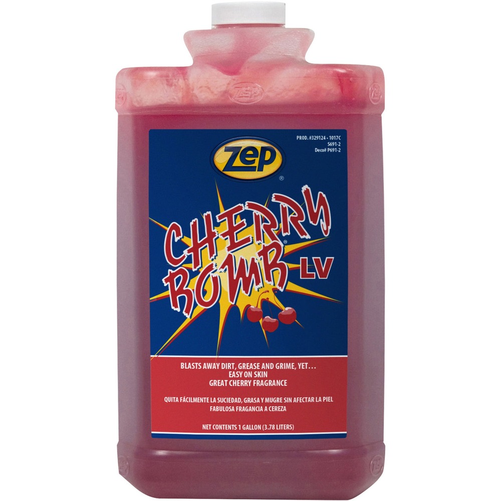 ZPE329124 - Cherry Bomb LV Industrial Pumice Hand Cleaner is tough on dirt and grime and gentle on hardworking hands. It is formulated to remove stubborn industrial soils such as inks, resins, paints, adhesives, tar, carbon and asphalt. Mild, low-odor solvents and no phosphates in the formula help prevent skin damage from frequent washings. Emollients in Cherry Bomb LV moisturize hands and keep them feeling soft and supple. Pleasant light cherry fragrance counteracts petroleum odors on hands. This product meets all current VOC regulations.