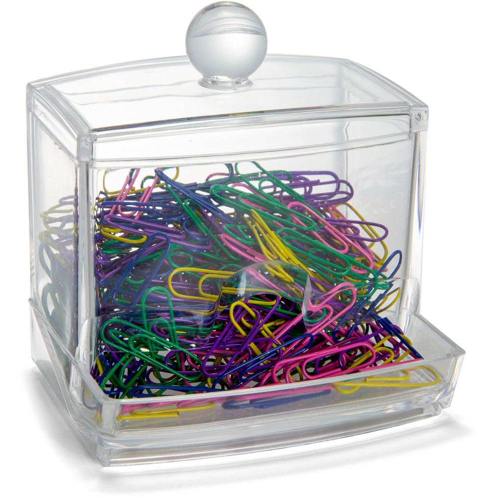 OIC93697 - Paper Clip Dispenser features a unique, self-dispensing design to access paper clips with ease. Cover is removable to conveniently refill. Gravity-feed dispenser contains PVC-free, vinyl-covered paper clips to easily keep your documents together.