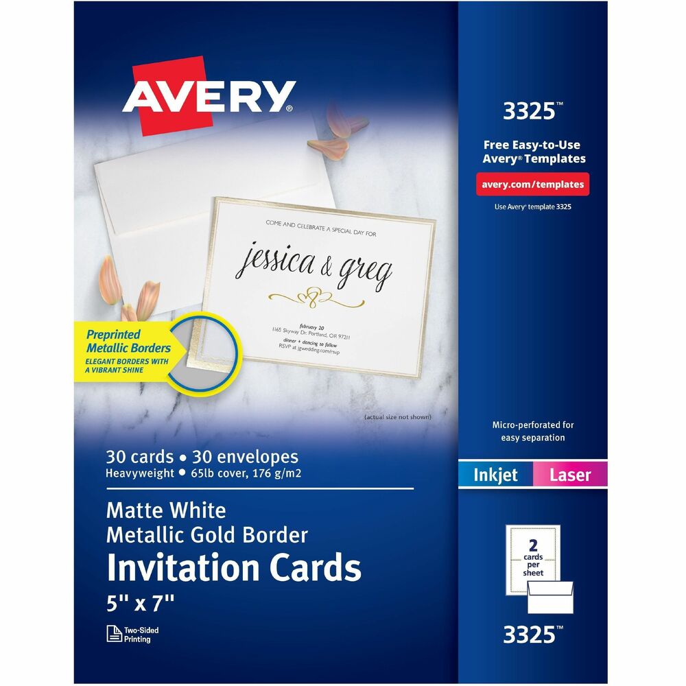 AVE3325 - Remarkably reflective and elegant, these Invitation Cards with metallic gold borders bring a strikingly radiant shine to any event or project. Each card is pre-printed with a brilliant, gold foil-like border to capture people's attention. Pair these cards with other Avery labels and cards with metallic gold borders for the complete look. Made of 80 lb./216 gsm cardstock, each durable card delivers a premium feel. Simply fold and tear away each card on the sheet using the precise perforations on the edge of the cards to leave behind a smooth edge. Create amazing double-sided designs to make DIY wedding invitations, holiday cards, menu cards, wedding programs, recipe cards, party invitations and more using the free, online design software and templates. Each sheet includes two flat invitation cards (5" x 7"). Cards come with 30 blank white envelopes. The invitation cards are compatible with both laser and inkjet printers. Envelopes are not printable.