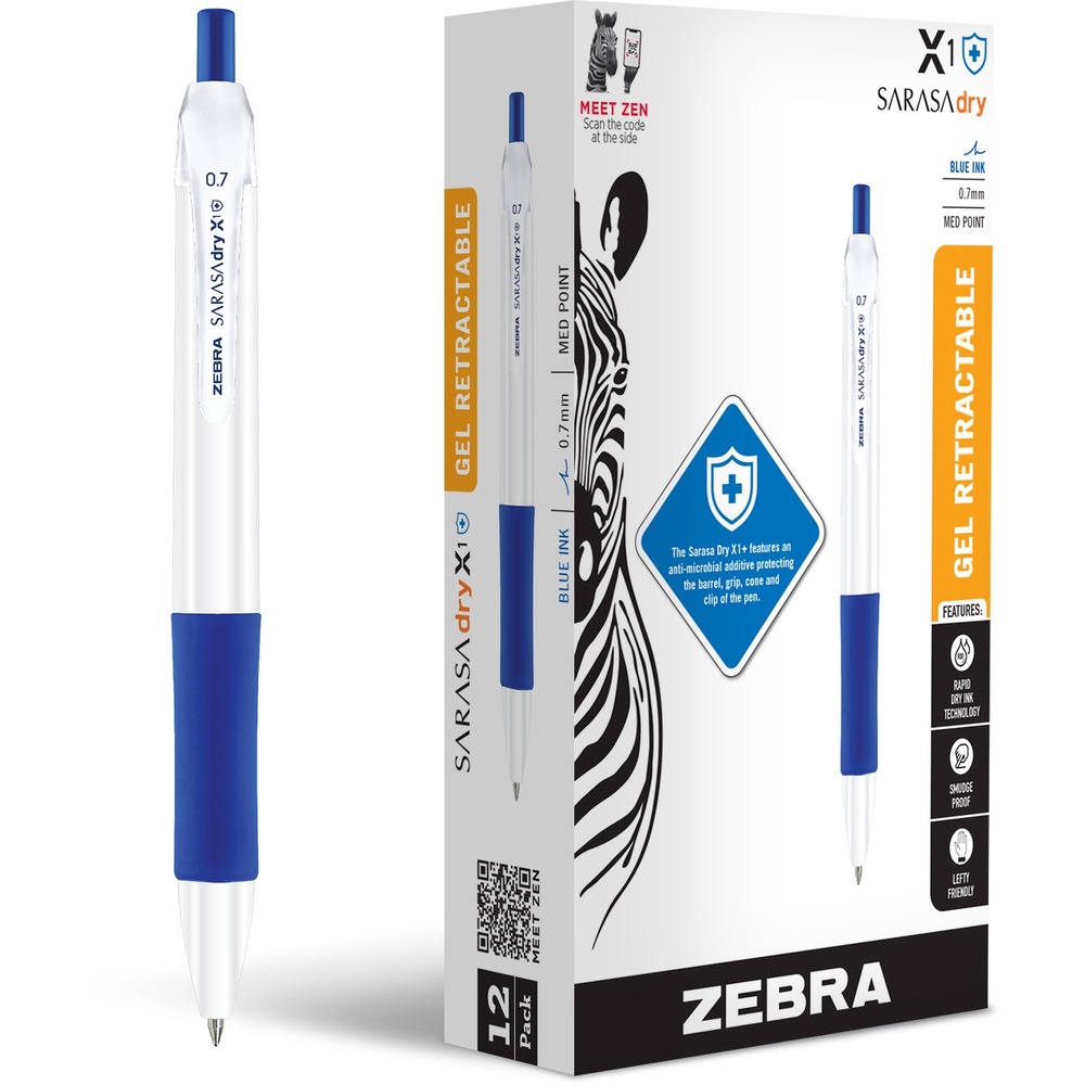 ZEB41520 - SARASA Dry X1 Plus Retractable Gel Pens give you the smoothness of gel pens without the worry of smudges and smears with Rapid Dry Ink technology. Vibrant, 0.7mm medium point is perfect for everyday writing, document signing and creative expression. Special resin incorporated into plastic makes it difficult for germs, bacteria and viruses to grow. Contoured rubber grip provides enhanced control and comfort. Retractable pen is designed for industry, healthcare and classrooms.