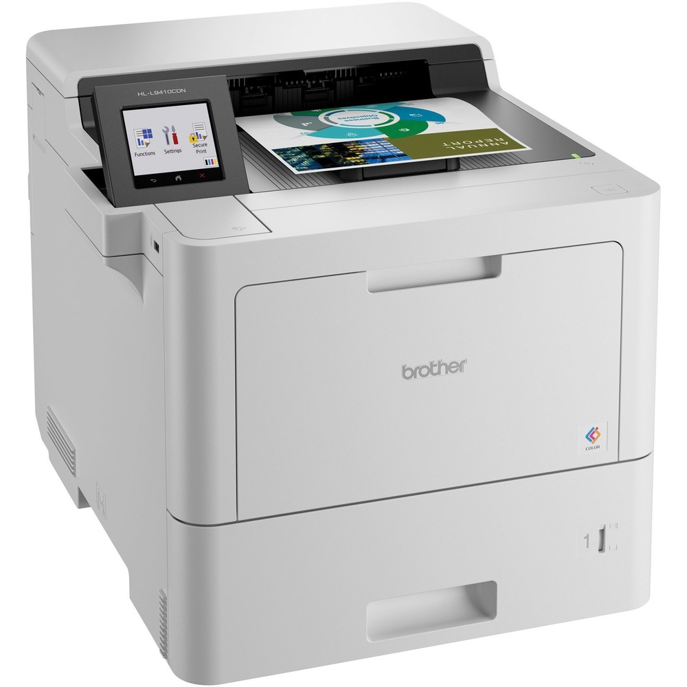 BRTHLL9410CDN - Enterprise Color Laser Printer provides enterprise-level performance, advanced security features and bold color output in a compact footprint ideal for mid-size to large workgroups. Printer helps increase productivity with fast print speeds up to 42 ppm with a maximum print resolution of 2400 x 600 dpi. It delivers built-in value with included, standard-yield toner cartridges that produce 6,500 pages in black/white and 5,000 pages in color. Spend less time refilling paper trays with the 520-sheet input tray and 100-sheet multipurpose tray. Printer is equipped with triple-layer security to help safeguard your network, keep your devices secure and protect documents in transit. Connect using Ethernet networking to seamlessly set up and share on your wired network. The 3-1/2" color touch screen offers effortless menu navigation and the ability to print directly from popular business cloud services. More from the Manufacturer