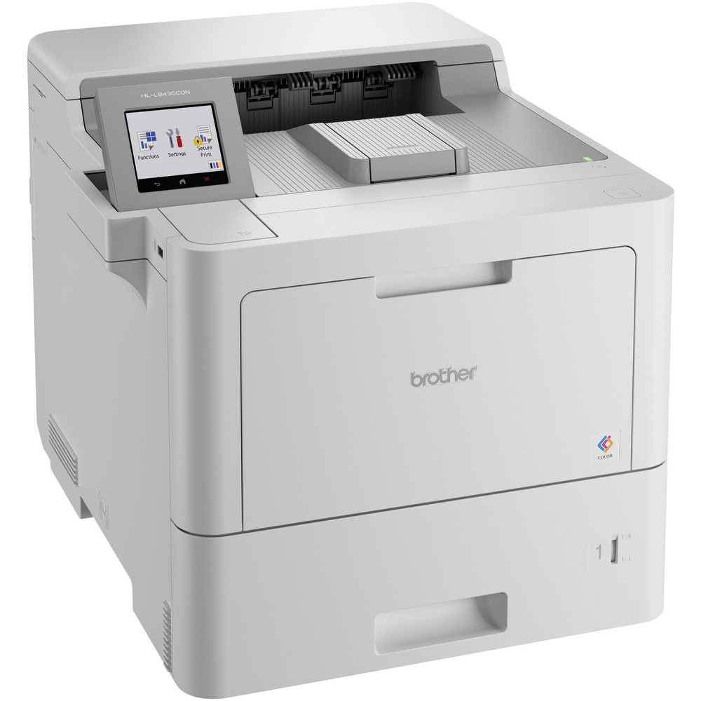 BRTHLL9430CDN - Enterprise Color Laser Printer provides enterprise-level performance, advanced security features and bold color output in a compact footprint ideal for mid-size to large workgroups. Printer helps increase productivity with fast print speeds up to 42 ppm with a maximum print resolution of 2400 x 600 dpi. It delivers built-in value with included, standard-yield toner cartridges that produce 9,000 pages in black/white and 6,500 pages in color. Spend less time refilling paper trays with the 520-sheet input tray and 100-sheet multipurpose tray. Large, 250-sheet output also includes a stapler finisher. Printer is equipped with triple-layer security to help safeguard your network, keep your devices secure and protect documents in transit. Connect using Ethernet networking to seamlessly set up and share on your wired network. The 3-1/2" color touch screen offers effortless menu navigation and the ability to print directly from popular business cloud services. More from the Manufacturer