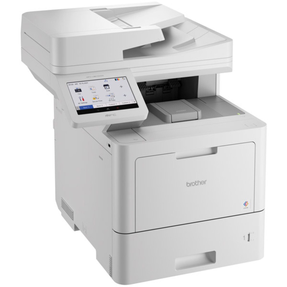 BRTMFCL9670CDN - Enterprise All-in-One Color Laser Printer provides enterprise-level performance, advanced security features, automatic duplex printing, copying and scanning and bold, color output in a compact footprint ideal for mid-size to large workgroups. Printer helps increase productivity with fast print speeds up to 42 ppm. It delivers built-in value with included, standard-yield toner cartridges that produce 9,000 pages in black/white and 6,500 pages in color. Spend less time refilling paper trays with the 520-sheet input tray and 100-sheet multipurpose tray. The 100-page ADF boasts duplex scanning speeds up to 104 ipm. Scan directly from the 3" touch-screen display. Copy IDs and other media in black/white or color. Fax memory stores up to 500 pages. Printer is equipped with triple-layer security to help safeguard your network, keep your devices secure and protect documents. Connect using Ethernet networking or dual-band wireless. More from the Manufacturer