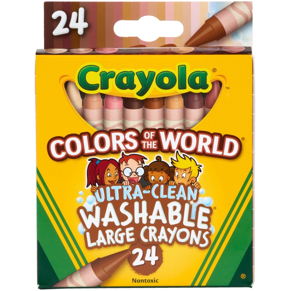 CYO520134 - Colors of the World Large Ultra Clean Washable Crayons are specially formulated to easily wash off most surfaces, including skin, clothing, tabletops and even painted walls. If your child ventures off the paper, you can quickly clean it up with a sponge and warm water. Set includes 24 specially formulated colors representing people of the world. These skin-tone crayons are a welcome addition to any classroom art tools collection, allowing children to make school projects more realistic and true to their world. Colors of the World fall into three main shades: Almond, Golden and Rose - and all the darker or lighter shades in between. Great for small children just learning to color and draw, these larger crayons are especially easy to use. Nontoxic crayons are recommended for children ages 3 and older.