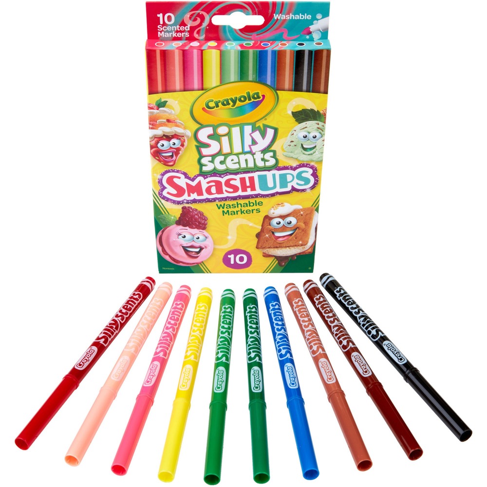 CYO588275 - Silly Scents Scented Washable Markers feature enticing scents that add a new dimension to children's artwork. Each aromatic art tool immediately turns any coloring project into a scribble-and-sniff drawing. Assorted sweet scents include Red Velvet Cake, Orange Dreamsicle, Bananas Foster, Key Lime Pie, Mint Chocolate Chip, Berry Smoothie, PBandJ Sandwich, Fluffernutter, Caramel Macchiato, S'more, Coconut Cluster and Strawberry Shortcake. These nontoxic markers are safe for artists of any age. Formula washes from skin and out of most fabrics used to make children's clothing so you can clean up easily after arts and crafts time. The markers come in a whimsical pack adorned with Silly Scents characters. They are recommended for children ages 3 and up.