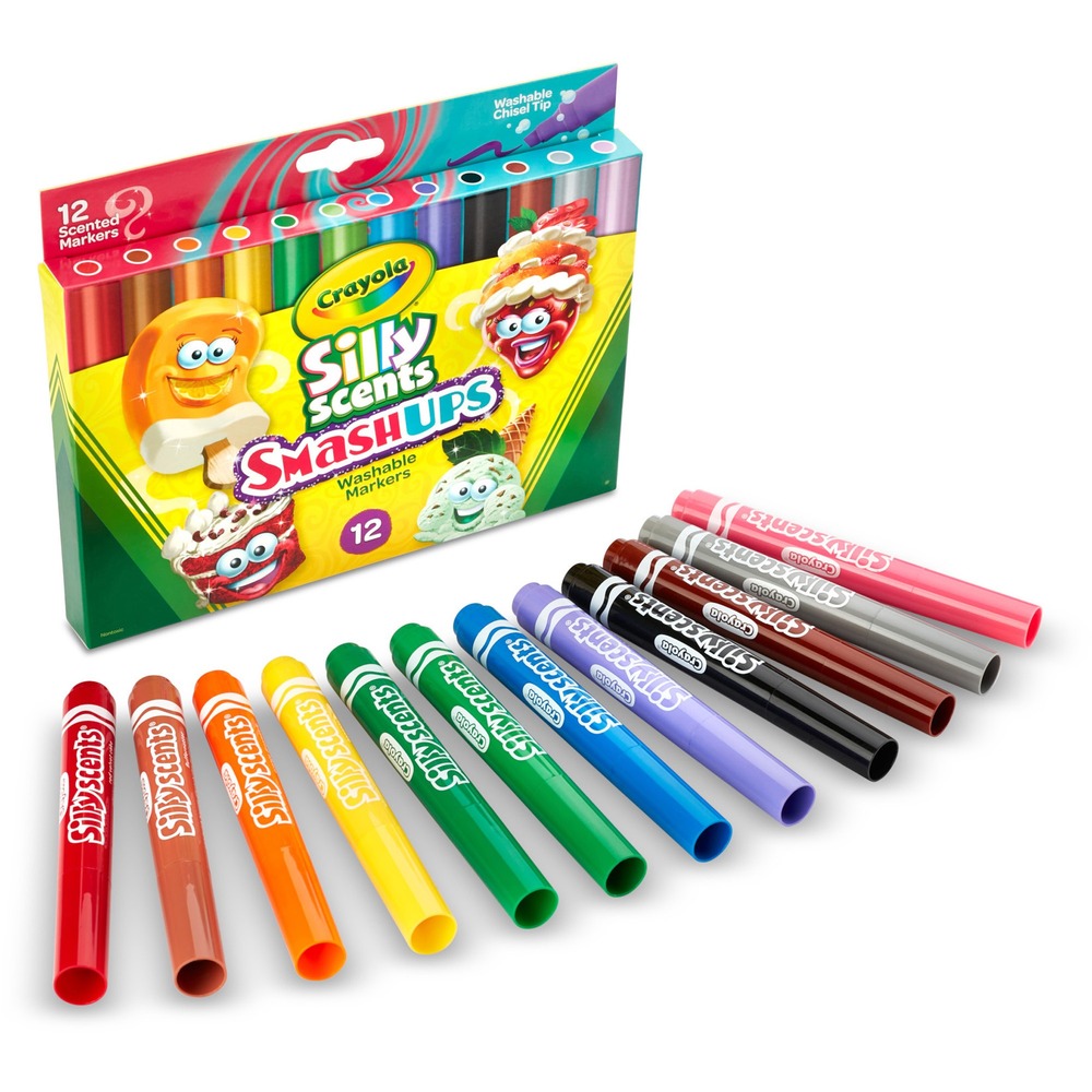 CYO588279 - Silly Scents Slim Scented Washable Markers feature enticing scents that add a new dimension to children's artwork. Each aromatic art tool immediately turns any coloring project into a scribble-and-sniff drawing. Durable tip delivers delicious lines. These nontoxic markers are safe for artists of any age. Formula washes from skin and out of most fabrics used to make children's clothing so you can clean up easily after arts and crafts time. The markers come in a whimsical pack adorned with Silly Scents characters.