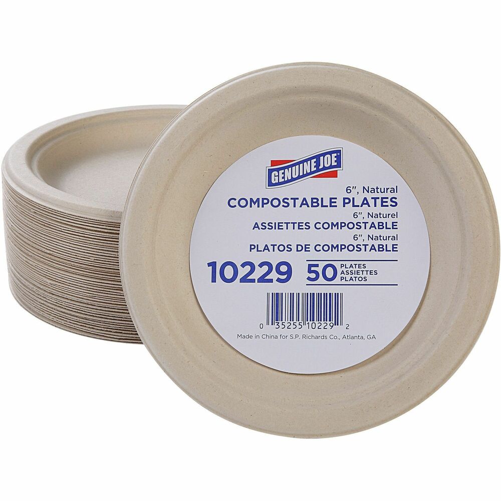 GJO10229 - Disposable plates provide a fast, simple way to clean up after any meal. Strong material is durably constructed to prevent bending during use. Eco-friendly design offers a responsible solution for your everyday dining needs. Plates are perfect for breakrooms, special events, office lunches and more. Made of sugarcane, these BPI certified compost-able plates are ASTM D6868 compliant and do not contain any harmful PFAS chemicals.