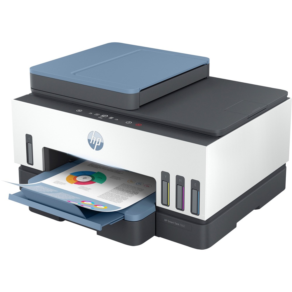 HEW28B98A - Seamlessly print from start to finish with this Smart Tank All-in-One Printer. High-capacity ink tank handles large jobs in vivid colors while reducing time spent refilling cartridges. High-volume tank prints up to 8,000 pages in color or up to 6,000 pages in black. Maximum print speed is 15 ppm in black and 9 ppm in color with a resolution up to 1200 x 1200 dpi (black) or 4800 x 1200 (color). Printer features automatic duplex printing, 250-sheet input tray and 100-sheet output tray. Scan a variety of media types using the flatbed or automatic document feeder. Maximum optical scan resolution is 1200 dpi while copy resolution is 600 dpi. Create up to 99 copies. Faxing function features memory storage up to 100 pages and speed dial storage with a maximum 99 numbers. Connect device using high-speed USB, Wi-Fi or Bluetooth. Print straight from your compatible mobile device with the Apple AirPrint, Mopria and more. Use the 3" touch screen to navigate options easily.
