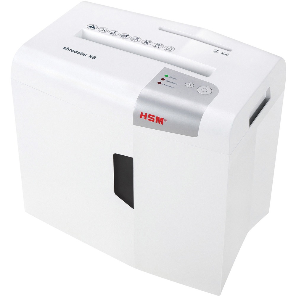 HSM1044123 - The epitome of function meets affordability, shredstar X8 Cross-Cut Shredder delivers professional data protection in the workplace. Simple-to-use features come in a convenient design. It is ideal for personal/home office use. This convenient, office document shredder with cross-cut and separate CD cutting unit reliably shreds files and CDs/DVDs. It powers through 8 sheets of paper, creating 446 cross-cut/confetti-cut particles per page and dropping them in a 4.8 gallon bin. Shredder is also equipped with anti-jam technology, LED indicator to show operating status and light barrier for automatic start/stop. Quiet operation minimizes noise in your office area.