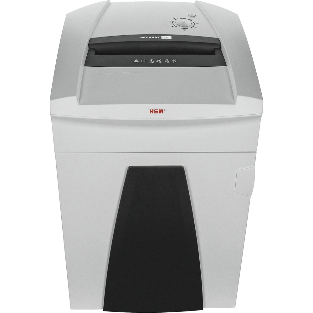 HSM1853123 - Securio P36c Cross-Cut Shredder features optimized cutting device technology that destroys 31 sheets of paper, creating 517 cross-cut/confetti-cut particles per page. It also shreds staples, paper clips, credit/store cards, CDs/DVDs and floppy disks. High-quality materials provide safety and durability. Anti-Jam technology easily and quickly reverses paper if the machine is overloaded. Continuous-duty operation ensures continual shredding with no downtime. Energy Management Control System allows 90 percent energy savings thanks to the sleep mode and automatic shutdown. Quiet operation minimizes noise development in the workplace. Cutting rollers are made of hardened solid steel. Shredder also features an inspection window to monitor filling level; multifunction element for intuitive operation; and light barrier for automatic start/stop.