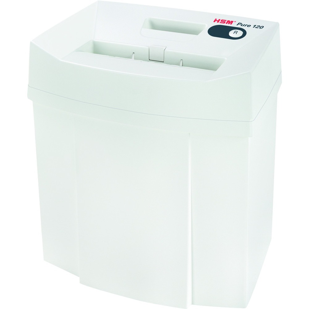 HSM2310113 - Pure 120 Strip-Cut Shredder features a compact design to shred up to 12 sheets of personalized advertising, correspondence of all kinds, receipts and payment documents safely and reliably right at your desk. Hardened steel cutting rollers easily cope with staples and paper clips. To keep your operating cost at a minimum, this shredder does not consume any power in standby mode. Paper feed with overload protection reduces paper jams and sustains the high throughput of paper. A slight pressure on the safety element immediately stops the paper feed and prevents unintentional entry into the machine for safe use. Automatic operation starts on its own when fed with paper and automatically stops after your shredding is complete. Quiet operation minimizes noise development to prevent distracting others in quiet locations. Removable housing top allows you to quickly empty the 5.3-gallon bin for effortless disposal.