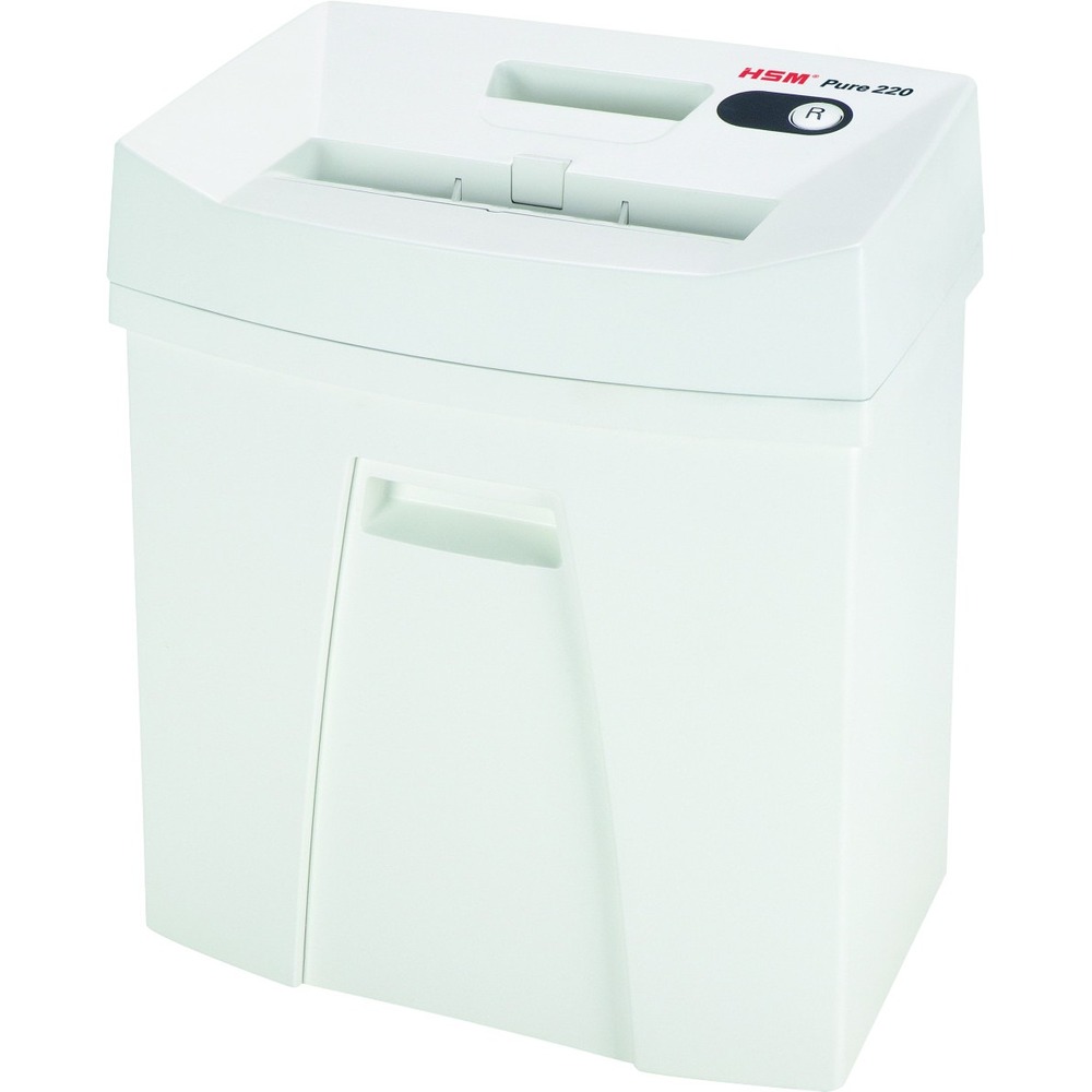HSM2320113 - Pure 220 Strip-Cut Shredder features a compact design to shred up to 14 sheets of personalized advertising, correspondence of all kinds, receipts and payment documents safely and reliably right at your desk. Hardened steel cutting rollers easily cope with staples, paper clips, magnetic cards and more. To keep your operating cost at a minimum, this shredder does not consume any power in standby mode. Paper feed with overload protection reduces paper jams and sustains the high throughput of paper. A slight pressure on the safety element immediately stops the paper feed and prevents unintentional entry into the machine for safe use. Automatic operation starts on its own when fed with paper and automatically stops after your shredding is complete. Quiet operation minimizes noise development to prevent distracting others in quiet locations. Removable housing top allows you to quickly empty the 5.3-gallon bin for effortless disposal.