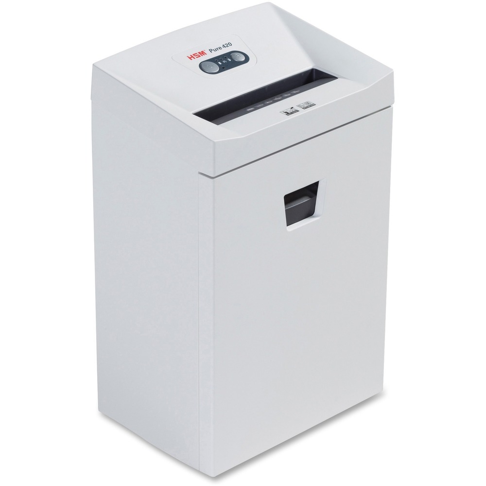 HSM2341113 - Continuous-duty document shredder with a powerful engine and quiet continuous operation shreds large quantities of paper easily and reliably. Cutting rollers made of hardened solid steel shred 22 to 24 sheets of paper into small strips (P-2 security) in one pass. Shredder also shreds staples, paper clips, credit cards and CDs/DVDs. Paper feed with overload protection reduces paper jams. Equipped with a comprehensive safety system, the device automatically switches off if pressure is applied to the safety element. Energy management control system means low power consumption in standby mode. Removable waste container provides effortless emptying and holds 9.2 gallons. Inspection window clearly indicates when you need to empty the bin. TAA-compliant, mobile shredder also includes automatic start/stop and a 9-1/2" wide paper entry.