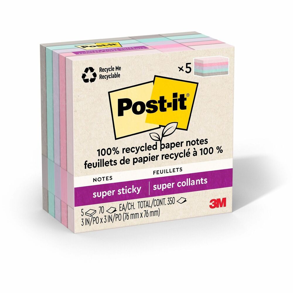 MMM654R5SSNRP - Post-it Recycled Super Sticky Notes help support a better future by using recycled paper and feature a unique adhesive with twice the sticking power so your notes will stick securely to more surfaces. Now you can stick your notes where they'll really get noticed - like monitors, windows, doors and walls. Move your notes with you throughout the day. The 3" x 3" size is perfect for reminders or a short to-do list. Super Sticky Notes hold longer and stronger than original notes yet remove cleanly. Super Sticky Post-it Notes and their paperboard packaging are recyclable, and the paper in Post-it Notes is sourced from certified, renewable and responsibly managed forests.