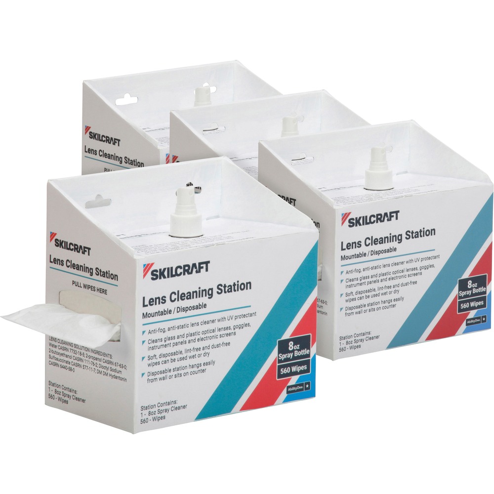 NSNNIB0080 - Lens Cleaning Stations feature pop-up, lint-free, disposable wipes and UV-protectant lens cleaning solution in a spray bottle. Anti-fog, antistatic, silicone-free formula cleans optical lenses including eyeglasses, safety goggles, cameras, microscopes and telescopes. Solution removes dirt, smudges, grease and dust. Soft, one-ply wipes won't scratch delicate surfaces when used wet or dry. Stations are great for electronic devices such as plasma and LCDs, camcorders, GPS units, computer/laptop/tablet monitors, phones and instrument panels in industrial settings, healthcare facilities, offices, sports facilities and more. Cleaning stations are made from corrugated boxes and are self-contained to hang on walls.