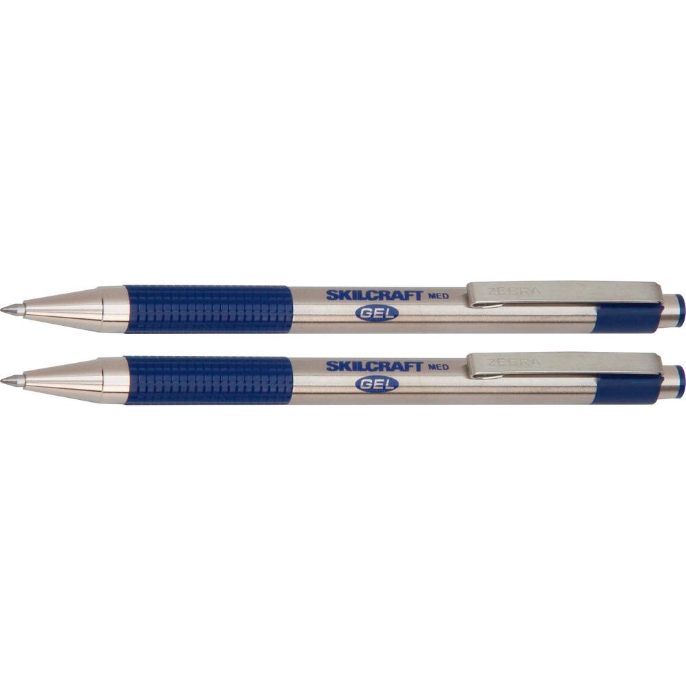 NSN7027809 - SKILCRAFT/Zebra Stainless Steel Retractable Gel Pens feature easy-glide ink, providing a smooth, skip-free writing experience. Combining the smooth glide performance of water-based ink with the lasting results of acid-free, archival-quality, check-safe ink to produce free-flowing, colorful results. Stainless steel barrel offers durability and strength. Convenient, metal clip keeps your pen within reach. Medium 0.7mm point pens are refillable with Zebra JK-Refills (88112). Pens are TAA complaint and assembled in the U.S.A.