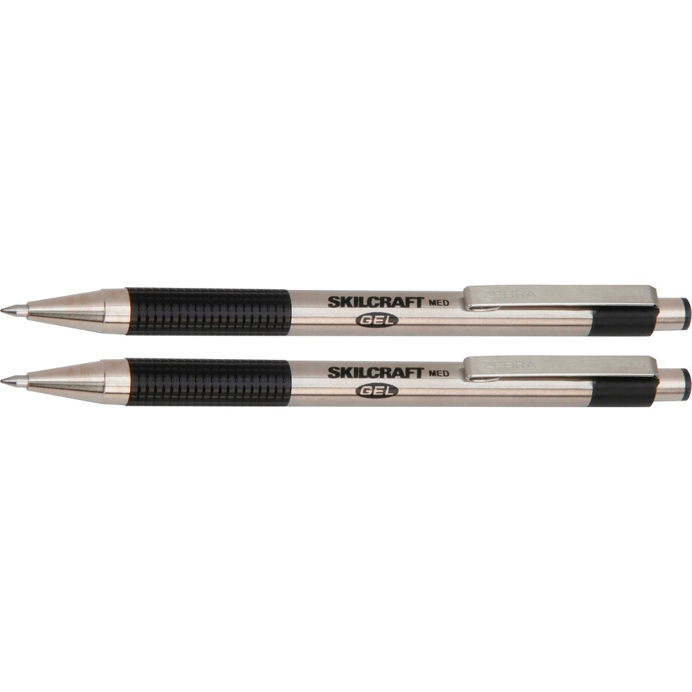 NSN7024609 - SKILCRAFT/Zebra Stainless Steel Retractable Gel Pens feature easy-glide ink, providing a smooth, skip-free writing experience. Combining the smooth glide performance of water-based ink with the lasting results of acid-free, archival-quality, check-safe ink to produce free-flowing, colorful results. Stainless steel barrel offers durability and strength. Convenient, metal clip keeps your pen within reach. Medium 0.7mm point pens are refillable with Zebra JK-Refills (88112). Pens are TAA complaint and assembled in the U.S.A.