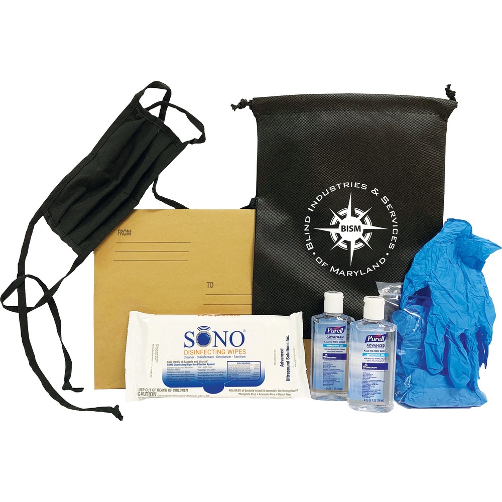 NSN7028831 - Personalized Sanitizing Kit is designed around an employee's safe return to the office. Kit comes packaged in a padded envelope and contains a reusable bag, making it easy to pack and go. Disposable gloves prevent directly touching exposed surfaces while providing personal protection. Kit includes a reusable bag; reusable, cloth face mask; 10 disposable gloves; 20-count, disinfectant wipe pack; and two 4 oz. hand sanitizer bottles. Flip-cap, advanced, hand sanitizer bottles create an easy, convenient application process.