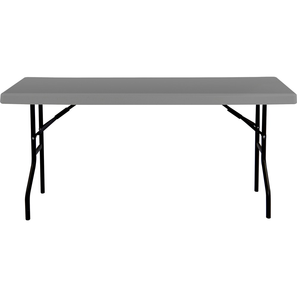NSN7025673 - Commercial-grade, Blow-Molded Folding Table is easy to carry for indoor and outdoor use. Charcoal top is made of high-density polyethylene with contemporary, beveled radius edge. Table weighs 30 percent less than standard, wood laminate folding tables, but is far more durable with heavy-gauge, gray powder-coated steel legs, nonmar plastic feet and cross-bracing that folds into the underside cavity for safe storage and easy transport. Table cleans easily. It resists dents, scratches, rust, stains and warping. It is made with approximately 35 percent pre-consumer recycled content and all parts recyclable at end of life. TAA-compliant and Berry Amendment-compliant table meets BIFMA standards. It holds up to 250 lb. evenly distributed weight.