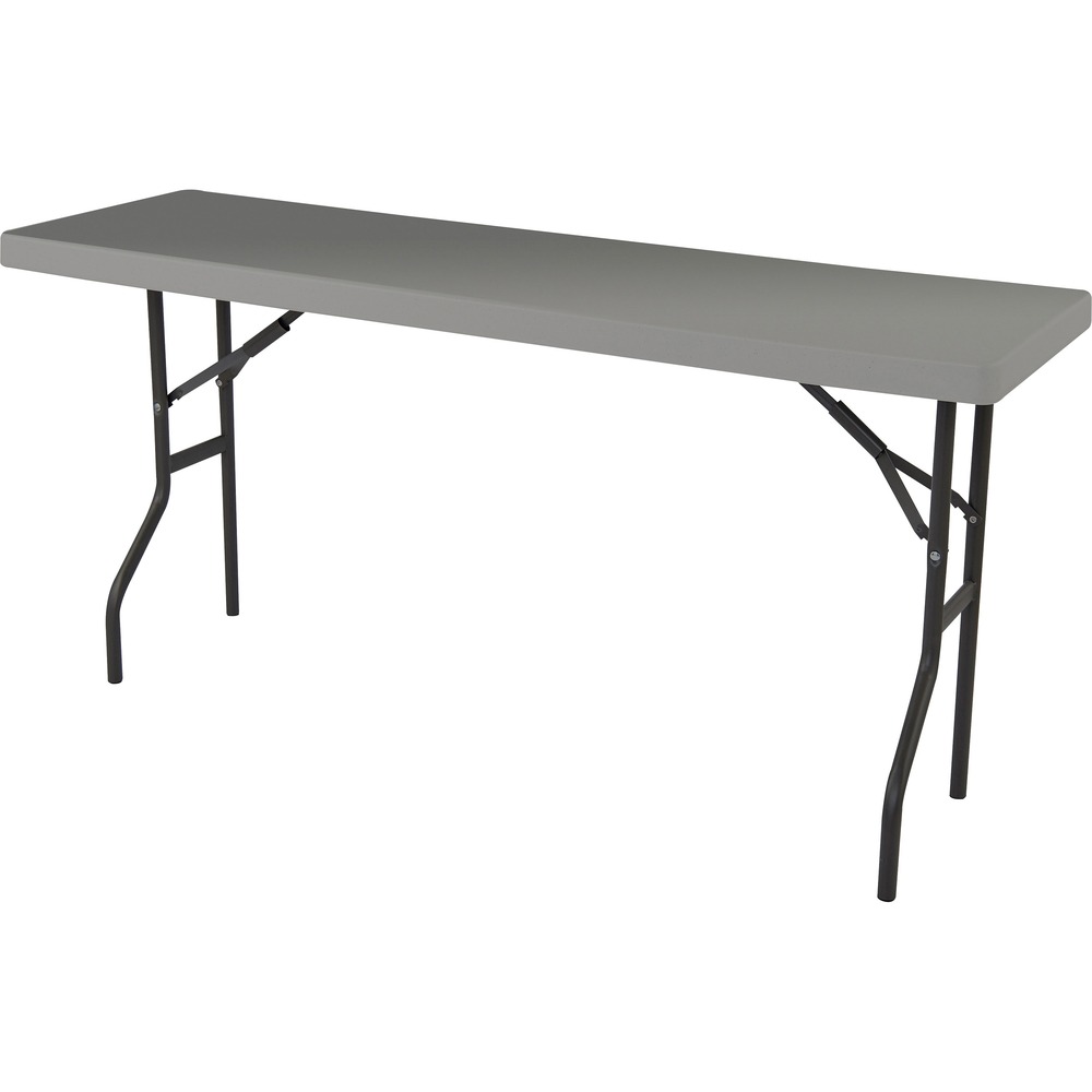 NSN7025671 - Commercial-grade, Blow-Molded Folding Table is easy to carry for indoor and outdoor use. Charcoal top is made of high-density polyethylene with contemporary, beveled radius edge. Table weighs 30 percent less than standard, wood laminate folding tables, but is far more durable with heavy-gauge, gray powder-coated steel legs, nonmar plastic feet and cross-bracing that folds into the underside cavity for safe storage and easy transport. Table cleans easily. It resists dents, scratches, rust, stains and warping. It is made with approximately 35 percent pre-consumer recycled content and all parts recyclable at end of life. TAA-compliant and Berry Amendment-compliant table meets BIFMA standards. It holds up to 250 lb. evenly distributed weight.