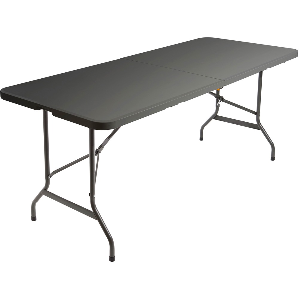 NSN7025670 - Commercial-grade, Blow-Molded Folding Table is easy to carry for indoor and outdoor use. Charcoal top is made of high-density polyethylene with contemporary, beveled radius edge. Table weighs 30 percent less than standard, wood laminate folding tables, but is far more durable with heavy-gauge, gray powder-coated steel legs, nonmar plastic feet and cross-bracing that folds into the underside cavity for safe storage and easy transport. Table cleans easily. It resists dents, scratches, rust, stains and warping. It is made with approximately 35 percent pre-consumer recycled content and all parts recyclable at end of life. TAA-compliant and Berry Amendment-compliant table meets BIFMA standards. It holds up to 250 lb. evenly distributed weight.